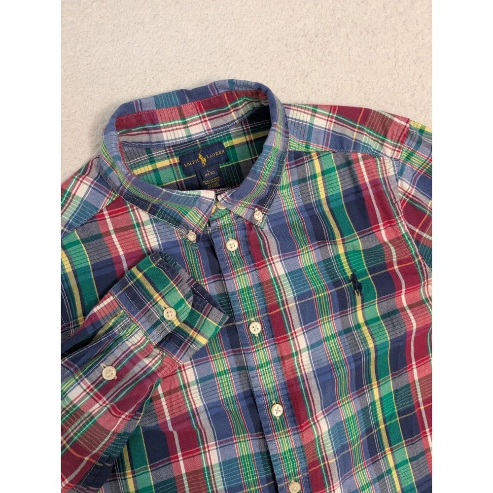 Ralph Lauren Boys Large Blue Red Green Plaid‎ Shirt Holiday Button Down